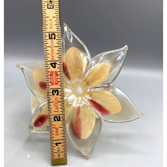 Vtg Handblown Glass Flower Paperweight‎ Beige Red Decor Spiral Stem - Picture 6 of 6